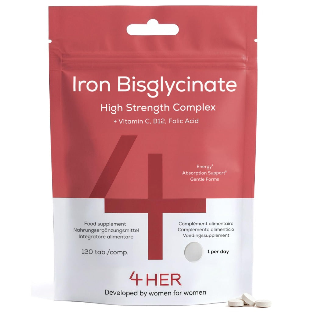 4 HER Gentle Iron Tablets 14mg Bisglycinate Iron Supplements for Women - 120 Tablets - UK Made - New - BBE 06/2029