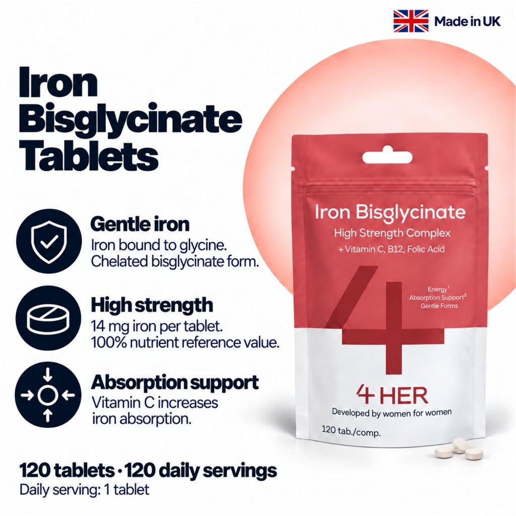 4 HER Gentle Iron Tablets 14mg Bisglycinate Iron Supplements for Women - 120 Tablets - UK Made - New - BBE 06/2029