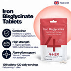 4 HER Gentle Iron Tablets 14mg Bisglycinate Iron Supplements for Women - 120 Tablets - UK Made - New - BBE 06/2029