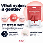4 HER Gentle Iron Tablets 14mg Bisglycinate Iron Supplements for Women - 120 Tablets - UK Made - New - BBE 06/2029