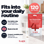 4 HER Gentle Iron Tablets 14mg Bisglycinate Iron Supplements for Women - 120 Tablets - UK Made - New - BBE 06/2029