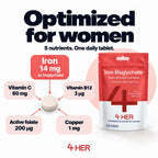 4 HER Gentle Iron Tablets 14mg Bisglycinate Iron Supplements for Women - 120 Tablets - UK Made - New - BBE 06/2029