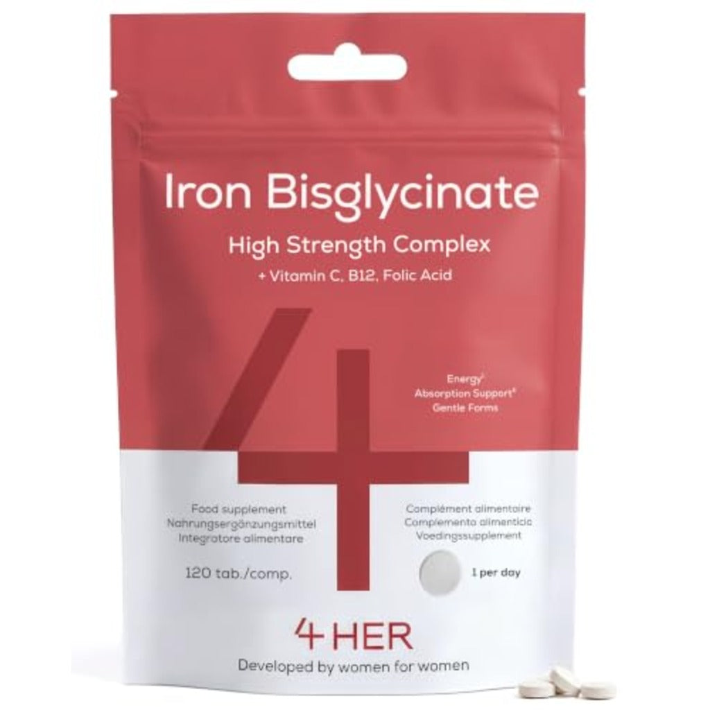 4 HER Gentle Iron Tablets 14mg Bisglycinate Iron Supplements for Women - 120 Tablets - UK Made - New - BBE 06/2029