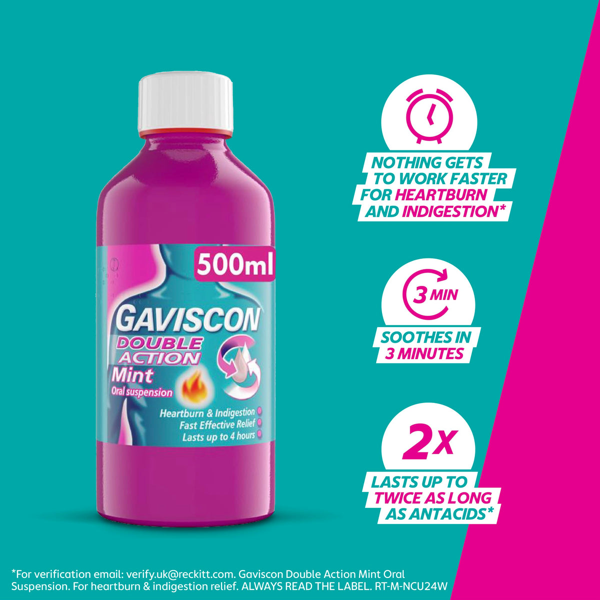 Gaviscon Double Action Mint Liquid 500ml - Heartburn & Acid Reflux Relief, Fast-Acting, Pregnancy Safe - New - BBE 01/2028
