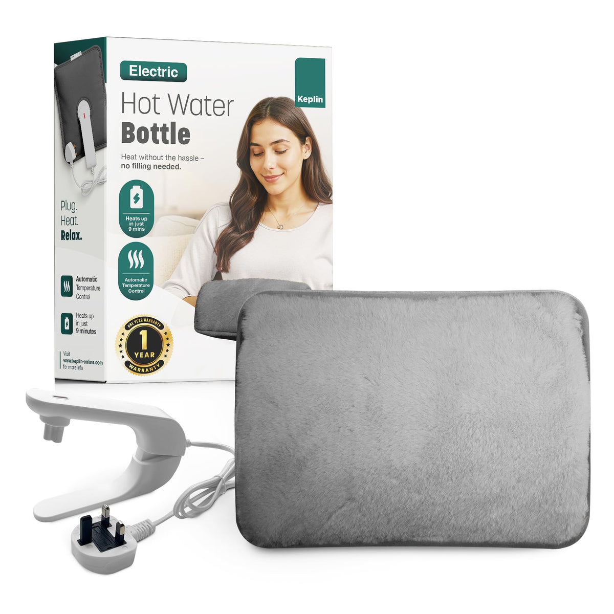 KEPLIN Rechargeable Electric Hot Water Bottle - Soft Cosy Bed Hand Body Warmer Heat Pad - Fast Heating, Auto Shut-Off, Grey - Damaged Box