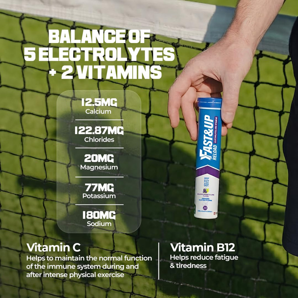 Fast&Up Reload Electrolyte Drink - Blackcurrant Lime - 80 Effervescent Tablets - Hydration Vitamin C B12 - Vegan - Damaged Box - BBE 06/2028