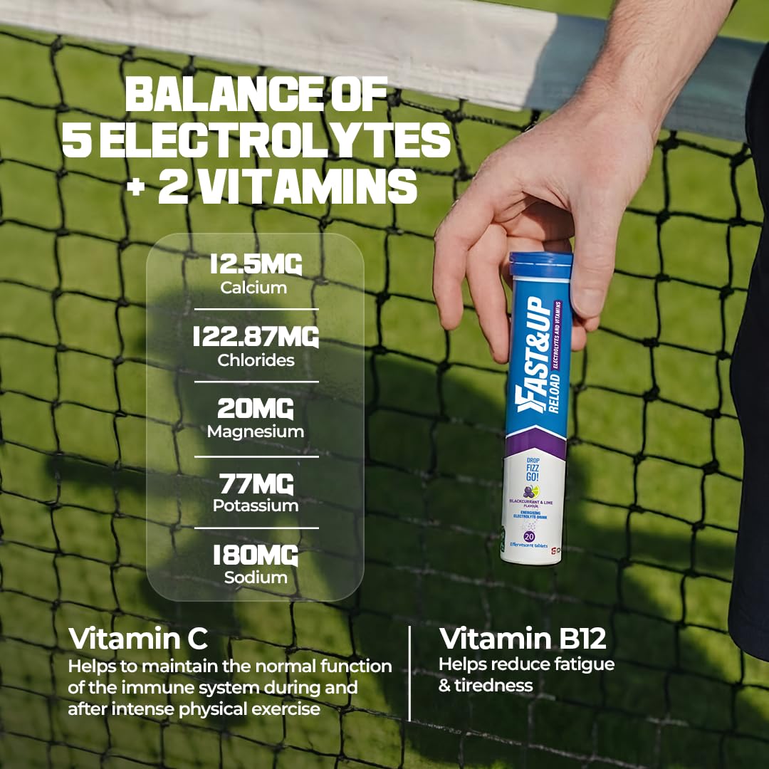 Fast&Up Reload Electrolyte Drink - Blackcurrant Lime - 80 Effervescent Tablets - Hydration Vitamin C B12 - Vegan - Damaged Box - BBE 06/2028