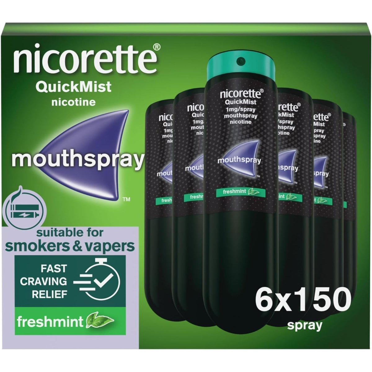 Nicorette QuickMist Mouth Spray Freshmint 6 x 150 Sprays - Nicotine Smoking Vaping Cessation Aid Quit Cravings 30s - New - BBE 01/2028