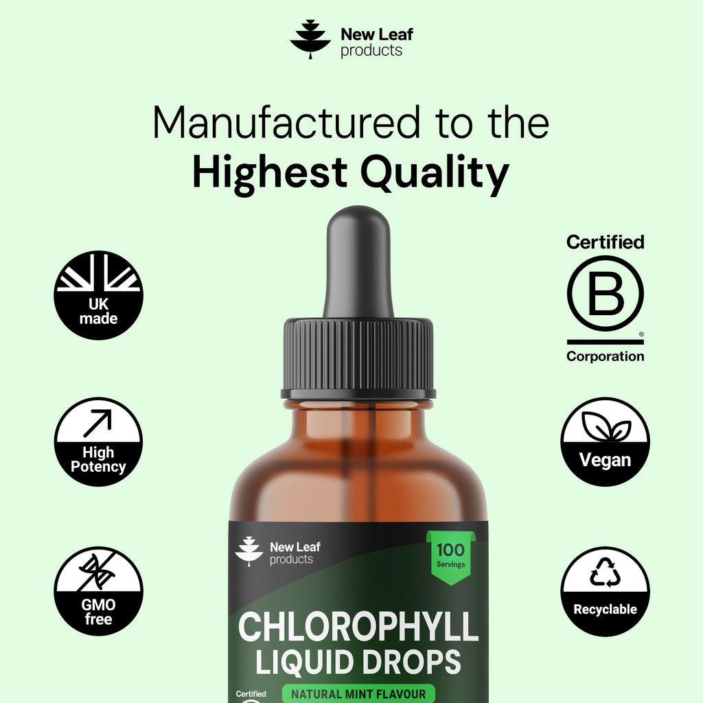 New Leaf Products Liquid Chlorophyll Drops for Water 100ml - High Strength 100mg Chlorophyll Drink - 100 Servings UK Made - Damaged Box - BBE 08/2027