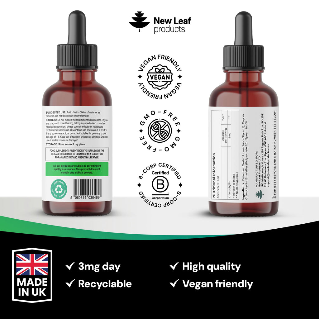 New Leaf Products Liquid Chlorophyll Drops for Water 100ml - High Strength 100mg Chlorophyll Drink - 100 Servings UK Made - Damaged Box - BBE 08/2027