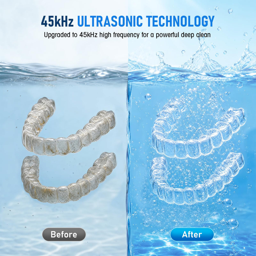 HYCHIKA Ultrasonic Retainer Cleaner Machine - 45kHz Sonic Dental Pod for Dentures, Aligners, Night Guards - 200mL, White - New