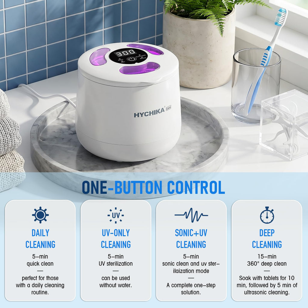 HYCHIKA Ultrasonic Retainer Cleaner Machine - 45kHz Sonic Dental Pod for Dentures, Aligners, Night Guards - 200mL, White - New