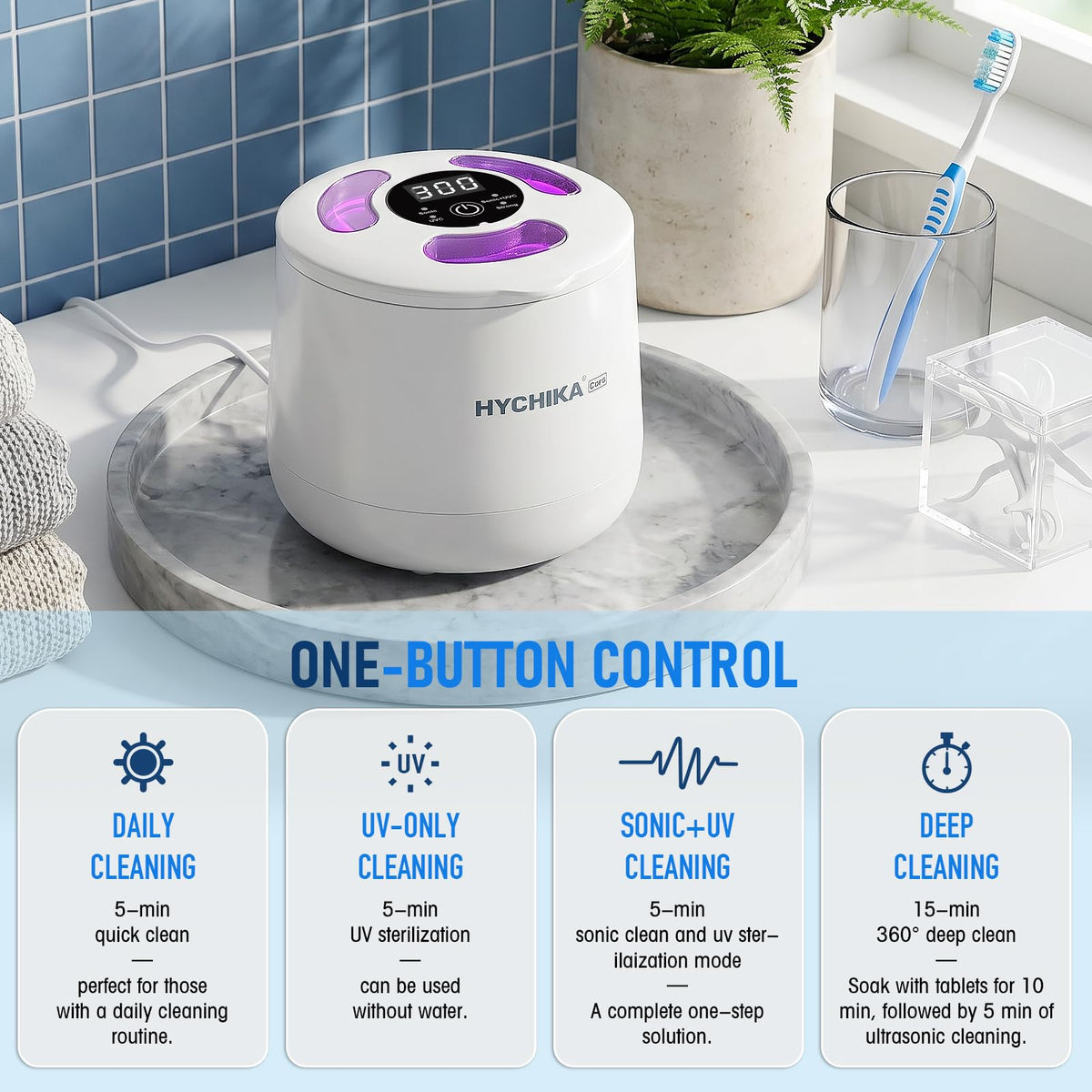 HYCHIKA Ultrasonic Retainer Cleaner Machine - 45kHz Sonic Dental Pod for Dentures, Aligners, Night Guards - 200mL, White - New