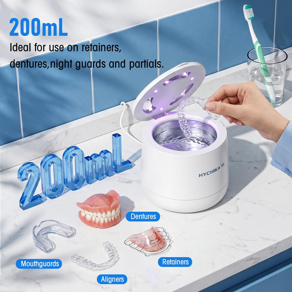 HYCHIKA Ultrasonic Retainer Cleaner Machine - 45kHz Sonic Dental Pod for Dentures, Aligners, Night Guards - 200mL, White - New
