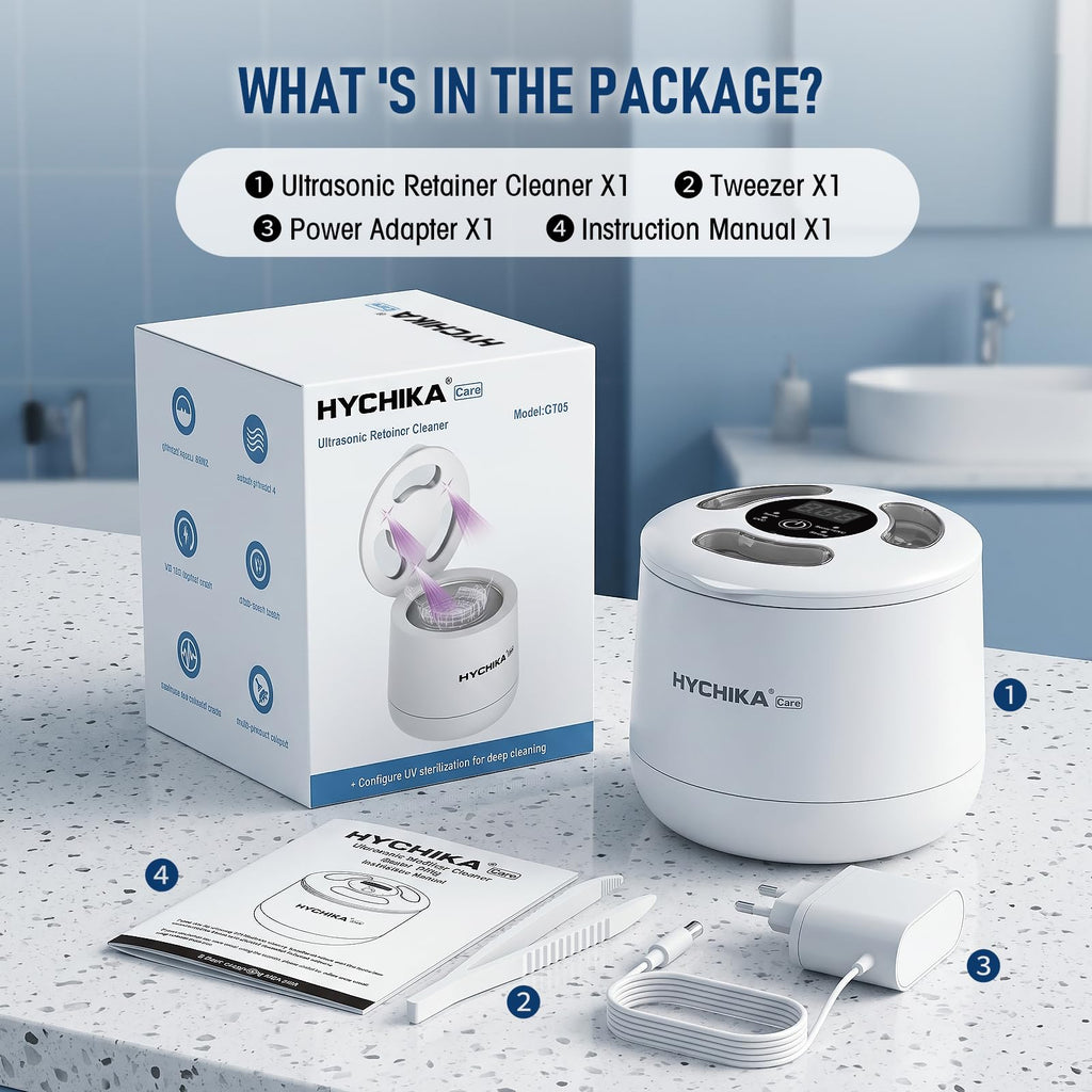 HYCHIKA Ultrasonic Retainer Cleaner Machine - 45kHz Sonic Dental Pod for Dentures, Aligners, Night Guards - 200mL, White - New