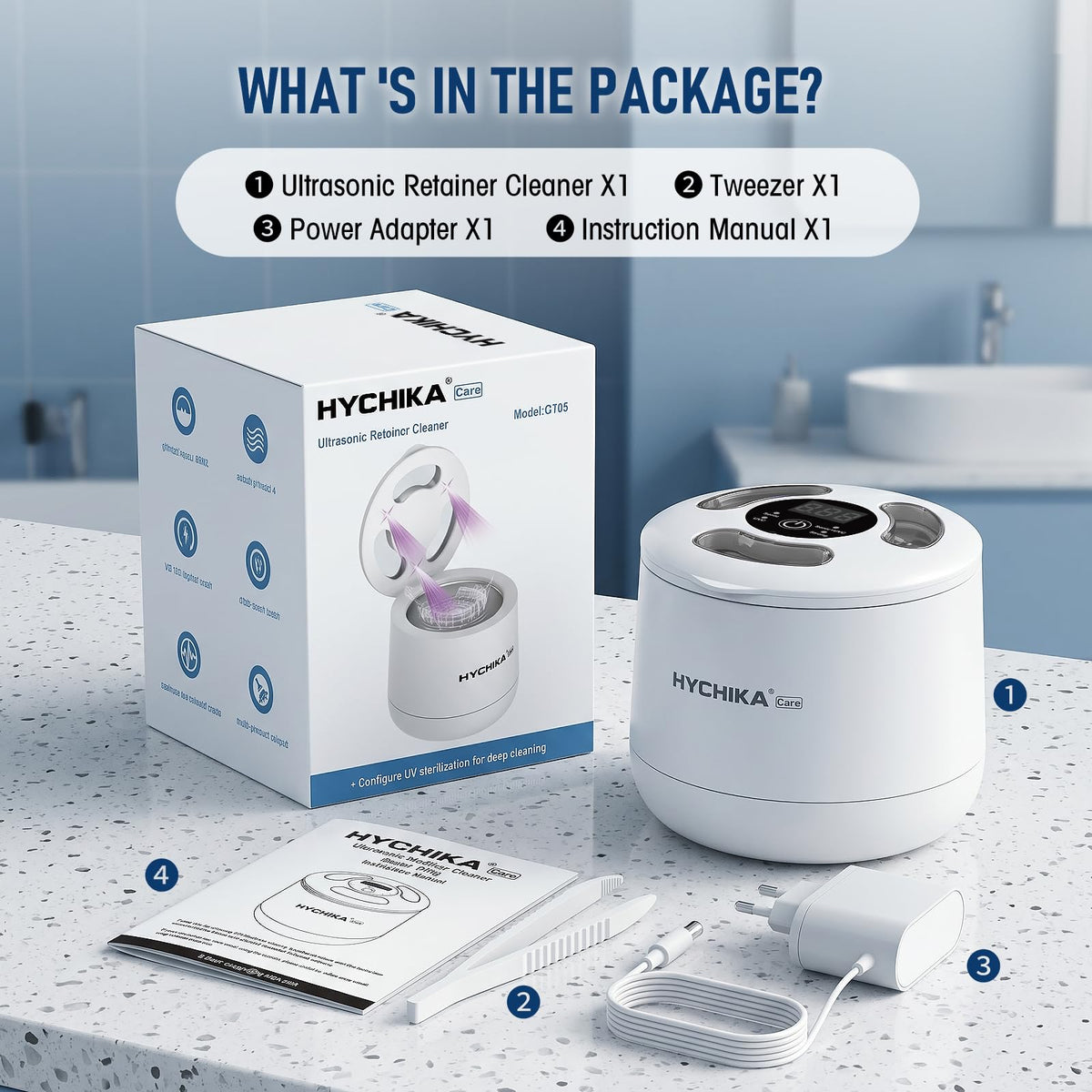 HYCHIKA Ultrasonic Retainer Cleaner Machine - 45kHz Sonic Dental Pod for Dentures, Aligners, Night Guards - 200mL, White - New