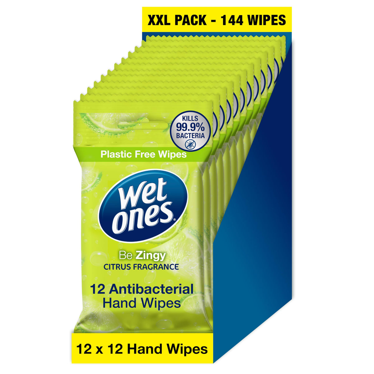 Wet Ones Be Zingy Antibacterial Hand Wipes - Biodegradable - 144 Count - Lemon Scented Wet Wipes - Damaged Box