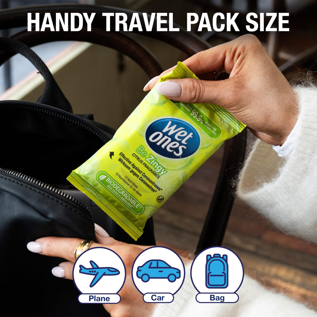 Wet Ones Be Zingy Antibacterial Hand Wipes - Biodegradable - 144 Count - Lemon Scented Wet Wipes - Damaged Box