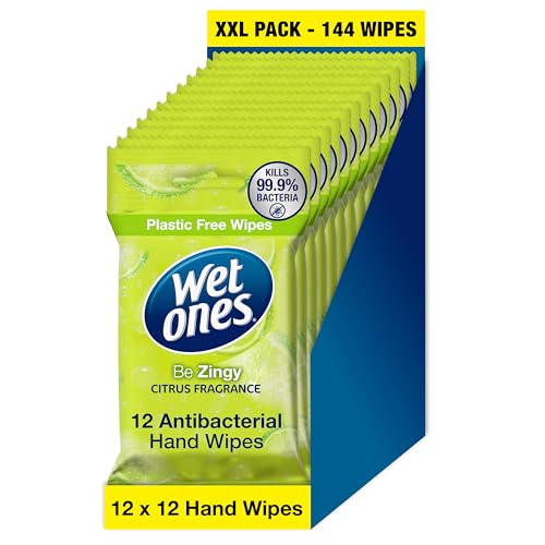 Wet Ones Be Zingy Antibacterial Hand Wipes - Biodegradable - 144 Count - Lemon Scented Wet Wipes - Damaged Box
