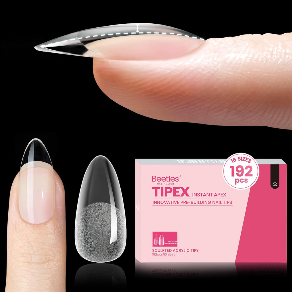 Beetles Instant Apex Nail Tips - Pre-Built Pre-Etched Strong Thick Acrylic - 192 Medium Almond 16 Sizes - Damaged Box