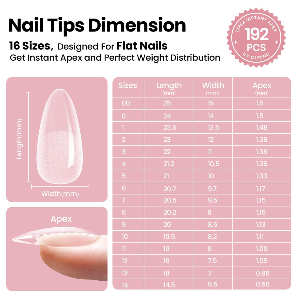 Beetles Instant Apex Nail Tips - Pre-Built Pre-Etched Strong Thick Acrylic - 192 Medium Almond 16 Sizes - Damaged Box