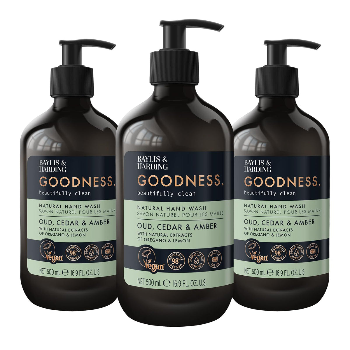 Baylis & Harding Goodness Natural Hand Wash 500ml 3 Pack Eco Friendly Vegan Liquid Soap - Damaged Box