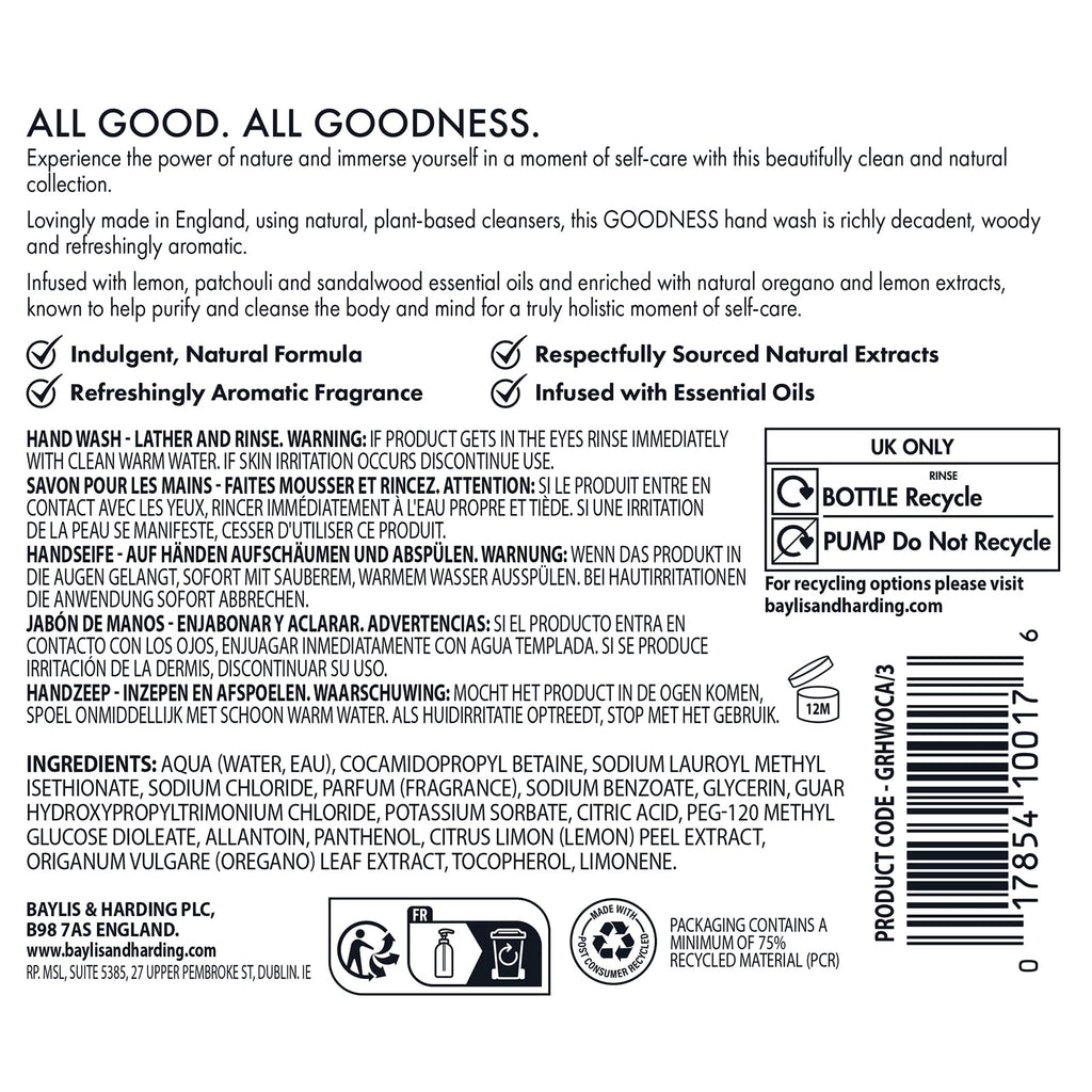 Baylis & Harding Goodness Natural Hand Wash 500ml 3 Pack Eco Friendly Vegan Liquid Soap - Damaged Box