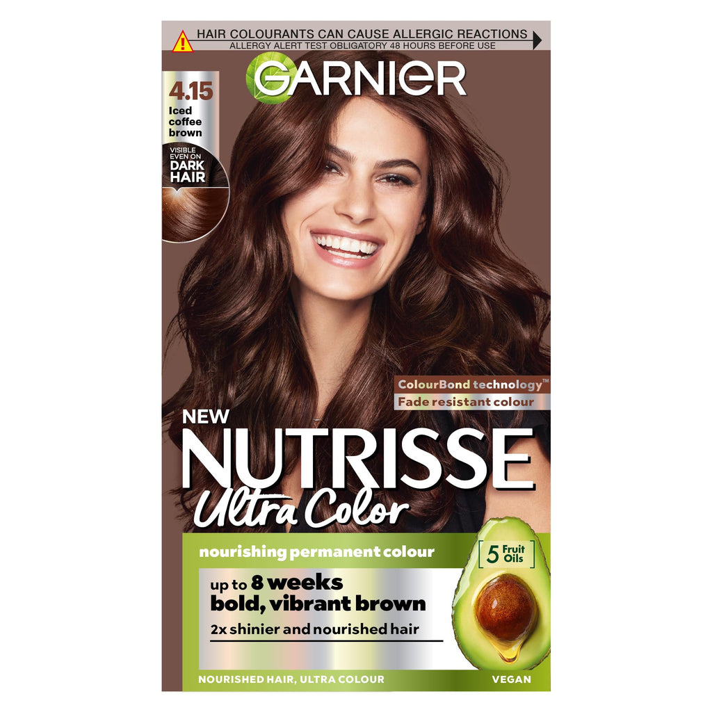 Garnier Nutrisse Ultra Color Permanent Hair Dye 4.15 Iced Coffee Brown - Long-Lasting Hair Colourant Kit - Damaged Box