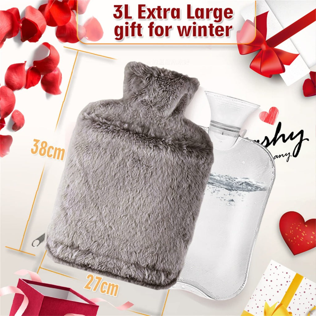 LinKecn Extra Large Hot Water Bottle with Cover - 3L Furry Brown Hot Water Bag - Zip Design UK - Like New