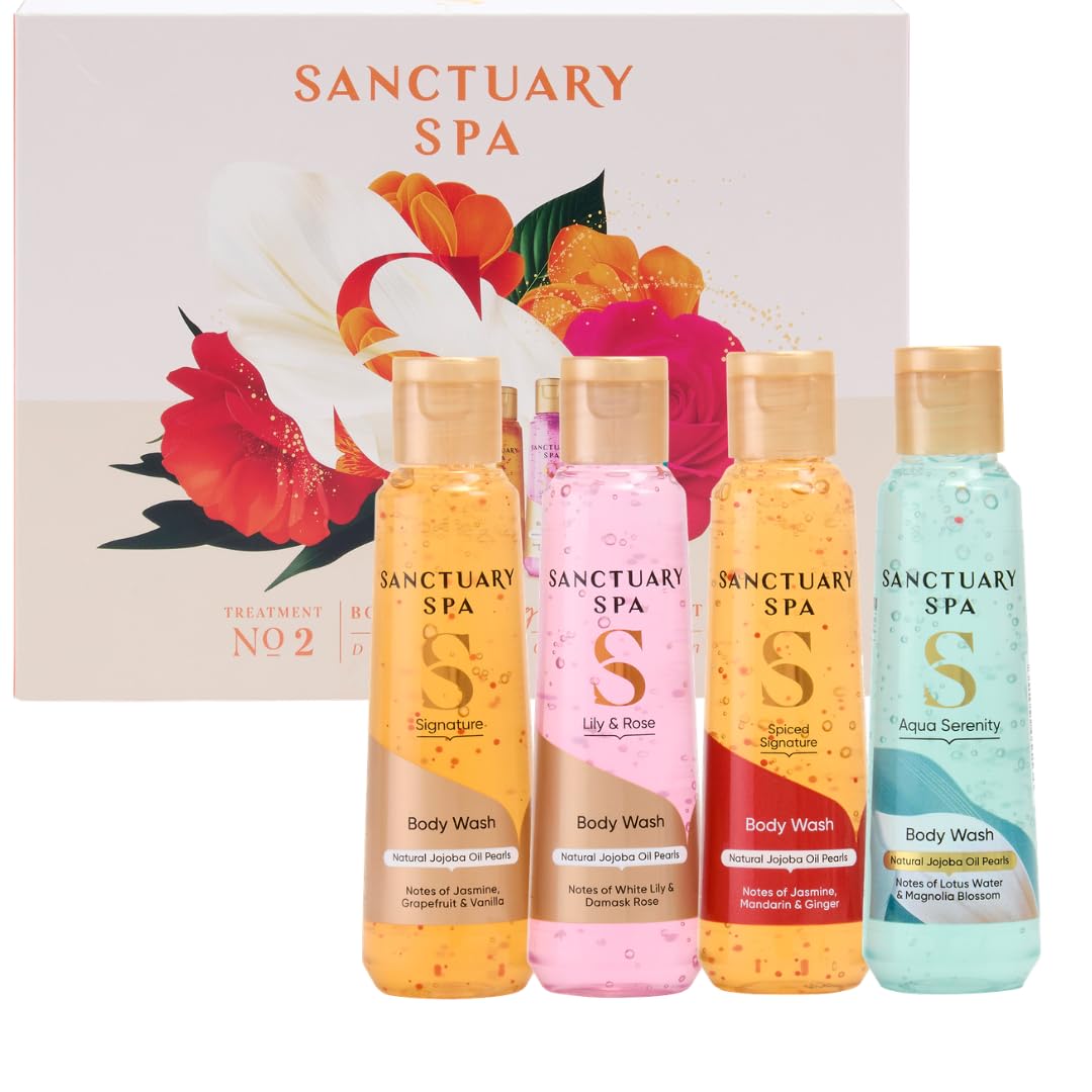 Sanctuary Spa Discovery Body Wash Gift Set for Women - 4 x 75ml Collection - Signature, Spiced, Lily & Rose, Aqua Serenity Scents - Damaged Box