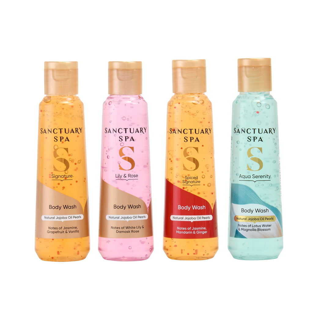 Sanctuary Spa Discovery Body Wash Gift Set for Women - 4 x 75ml Collection - Signature, Spiced, Lily & Rose, Aqua Serenity Scents - Damaged Box