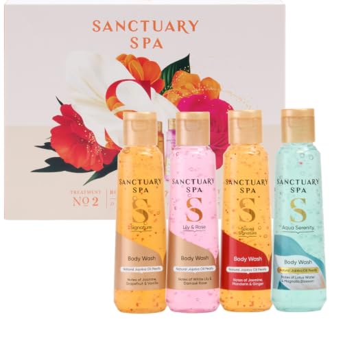 Sanctuary Spa Discovery Body Wash Gift Set for Women - 4 x 75ml Collection - Signature, Spiced, Lily & Rose, Aqua Serenity Scents - Damaged Box