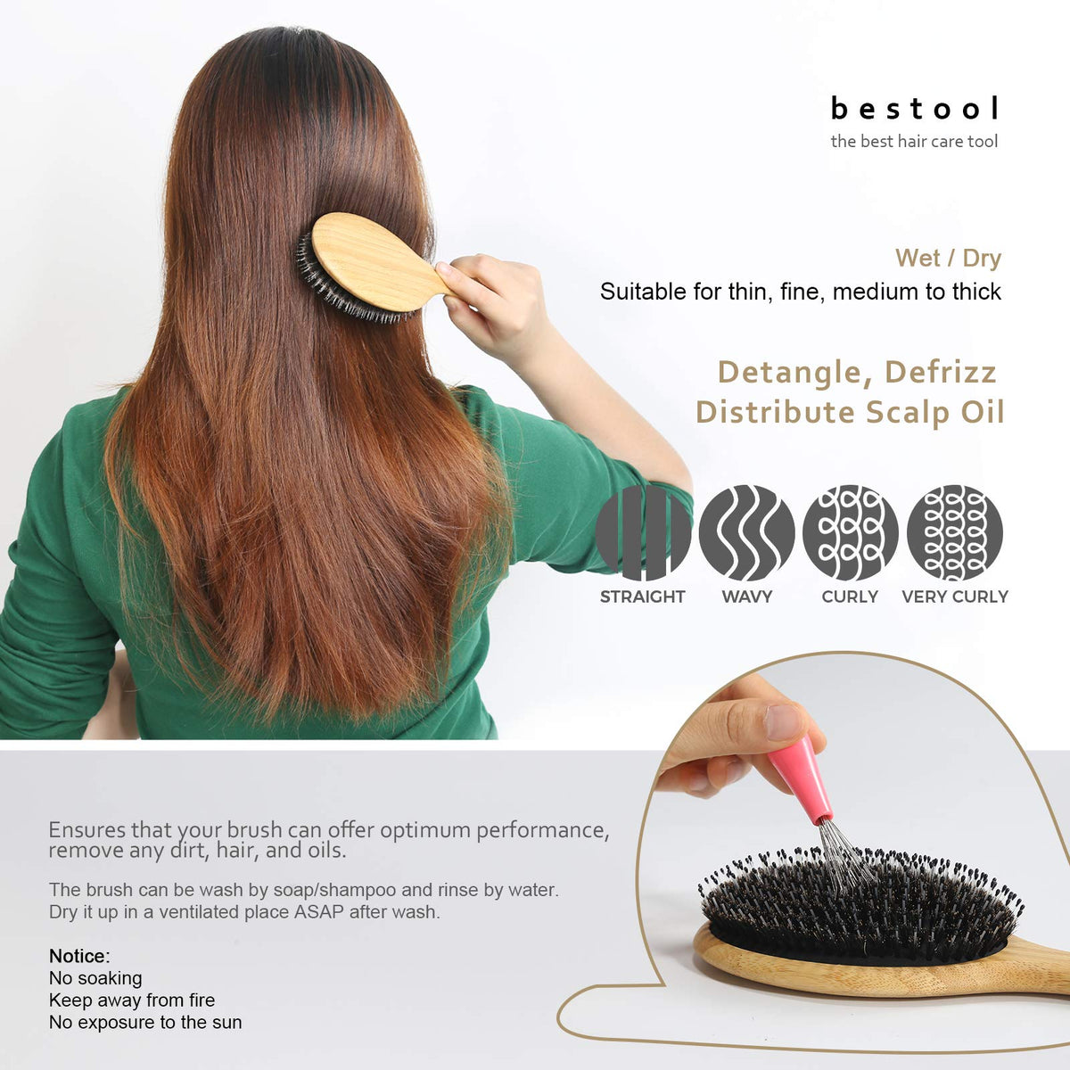BESTOOL Hair Brush - Boar & Nylon Bristle - Wet/Dry Hair - Smoothing Massaging Detangling - Round Brush for Shine & Health - Damaged Box