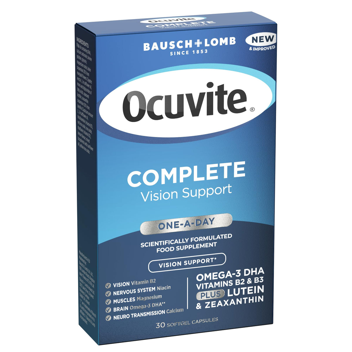Bausch + Lomb Ocuvite Complete Eye Supplement Capsules - Lutein, Zeaxanthin, Omega 3 DHA, Vitamins B2 Niacin - Vision Health - Damaged Box - BBE 09/2026