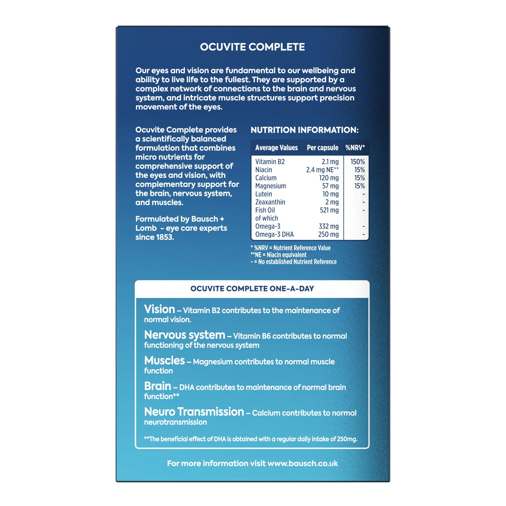 Bausch + Lomb Ocuvite Complete Eye Supplement Capsules - Lutein, Zeaxanthin, Omega 3 DHA, Vitamins B2 Niacin - Vision Health - Damaged Box - BBE 09/2026