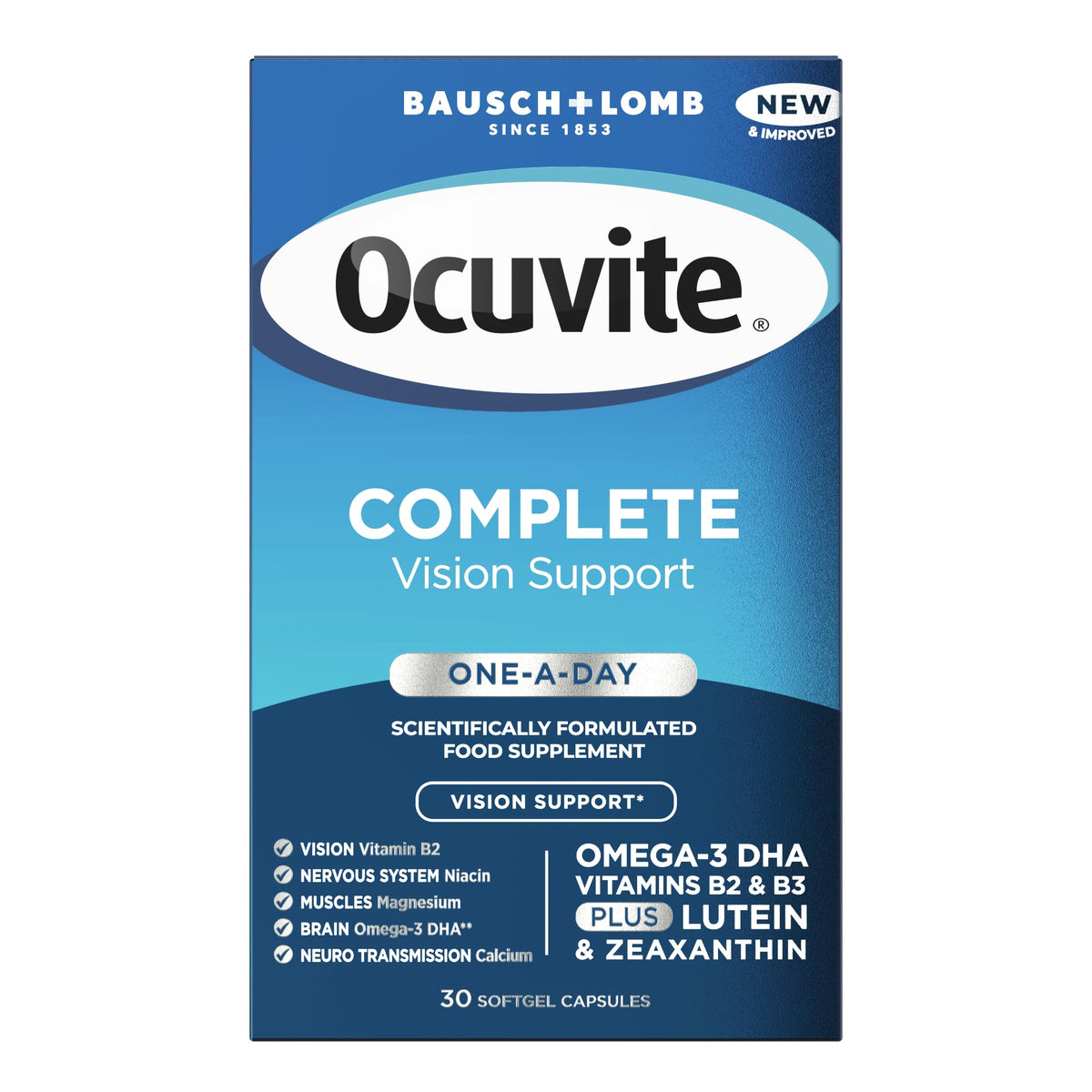 Bausch + Lomb Ocuvite Complete Eye Supplement Capsules - Lutein, Zeaxanthin, Omega 3 DHA, Vitamins B2 Niacin - Vision Health - Damaged Box - BBE 09/2026