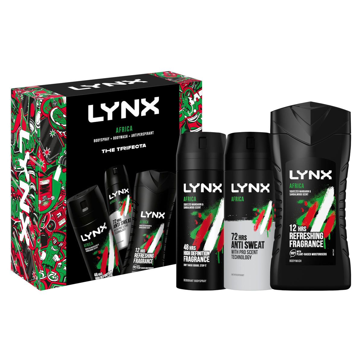 Lynx Africa Trifecta Gift Set - Deodorant Body Spray, Body Wash & Antantiperspirant - 3 Piece Male Grooming Kit - Damaged Box