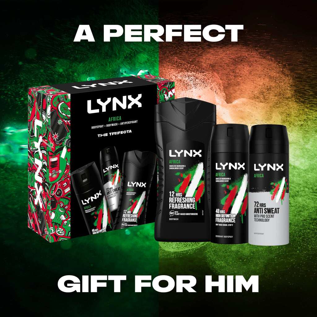 Lynx Africa Trifecta Gift Set - Deodorant Body Spray, Body Wash & Antantiperspirant - 3 Piece Male Grooming Kit - Damaged Box