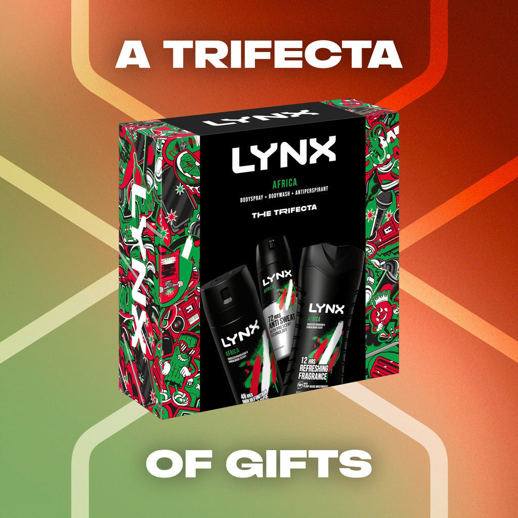 Lynx Africa Trifecta Gift Set - Deodorant Body Spray, Body Wash & Antantiperspirant - 3 Piece Male Grooming Kit - Damaged Box
