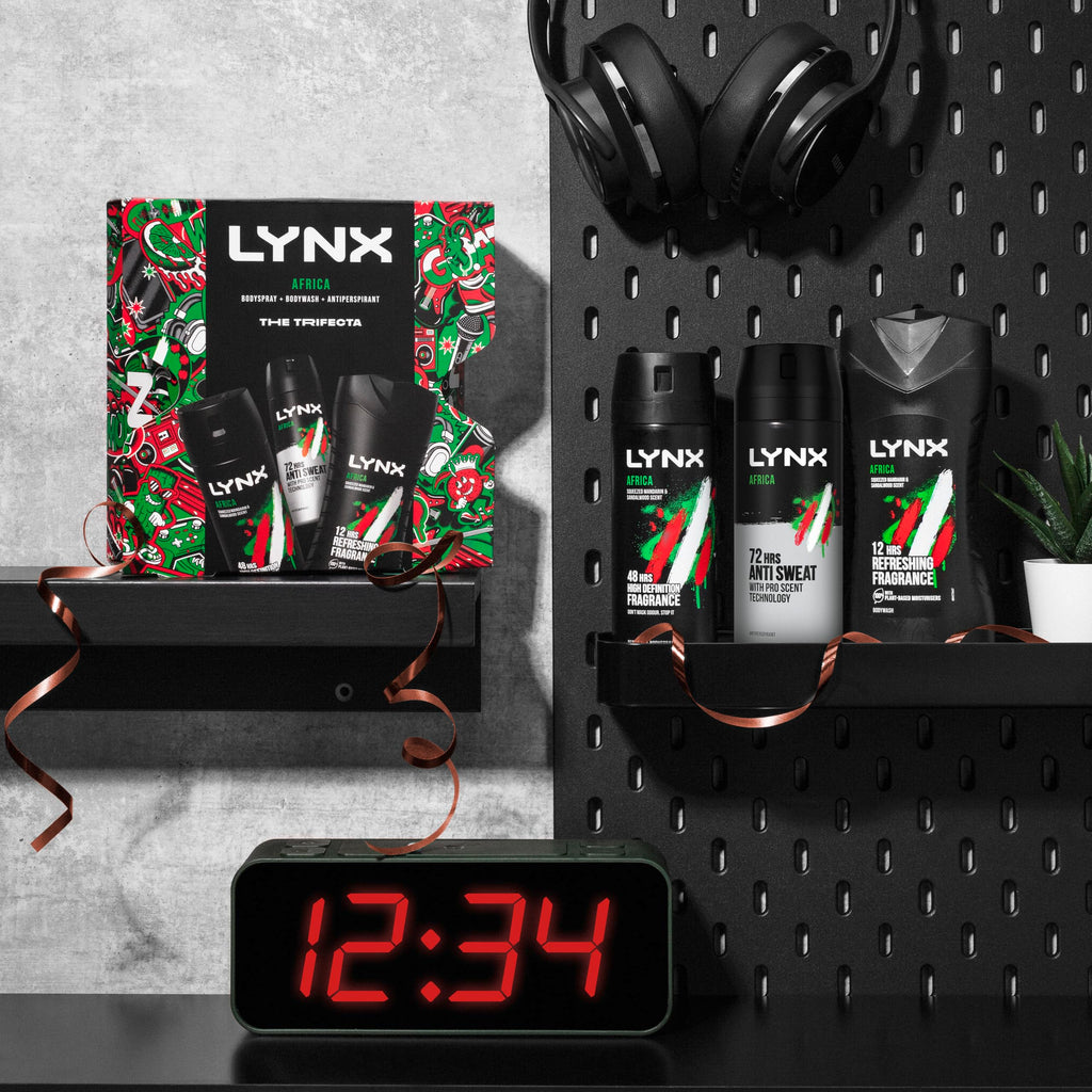 Lynx Africa Trifecta Gift Set - Deodorant Body Spray, Body Wash & Antantiperspirant - 3 Piece Male Grooming Kit - Damaged Box