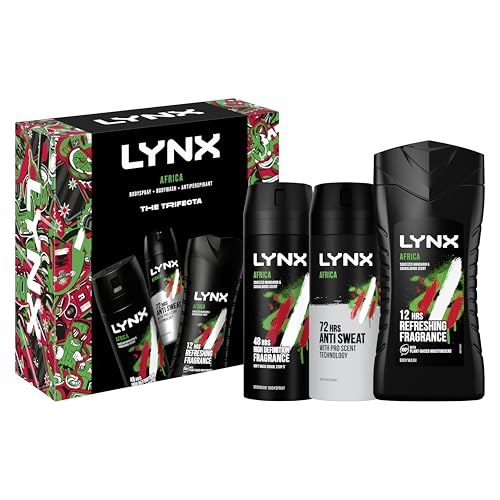 Lynx Africa Trifecta Gift Set - Deodorant Body Spray, Body Wash & Antantiperspirant - 3 Piece Male Grooming Kit - Damaged Box