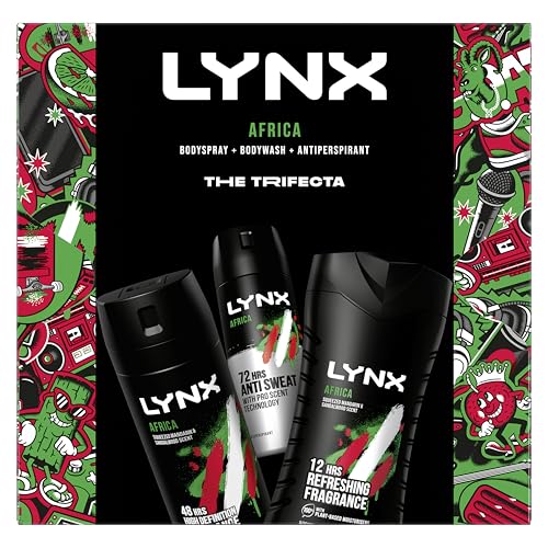 Lynx Africa Trifecta Gift Set - Deodorant Body Spray, Body Wash & Antantiperspirant - 3 Piece Male Grooming Kit - Damaged Box
