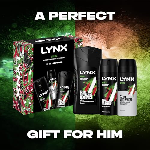 Lynx Africa Trifecta Gift Set - Deodorant Body Spray, Body Wash & Antantiperspirant - 3 Piece Male Grooming Kit - Damaged Box