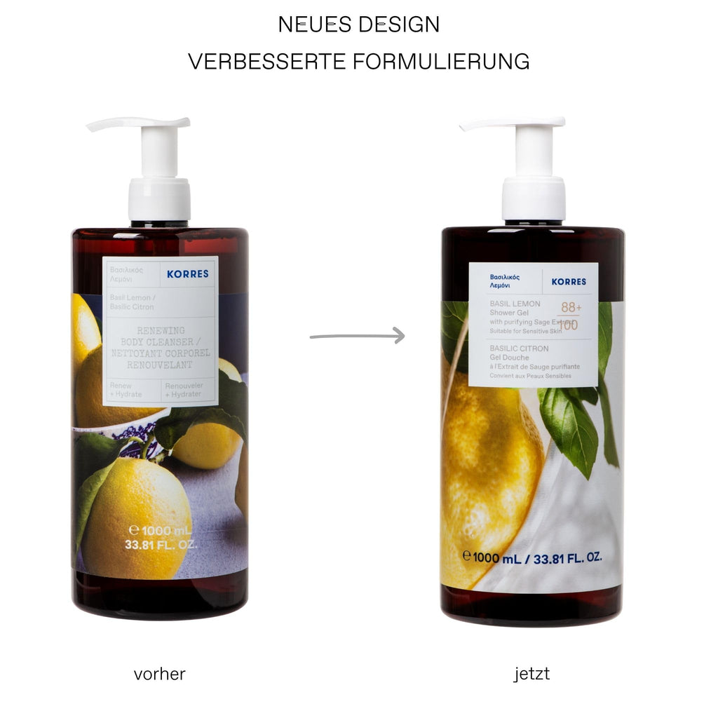 KORRES Basil Lemon Shower Gel - Purifying Sage Extract - Sensitive Skin - 1L Bergamot Scent Body Wash - New