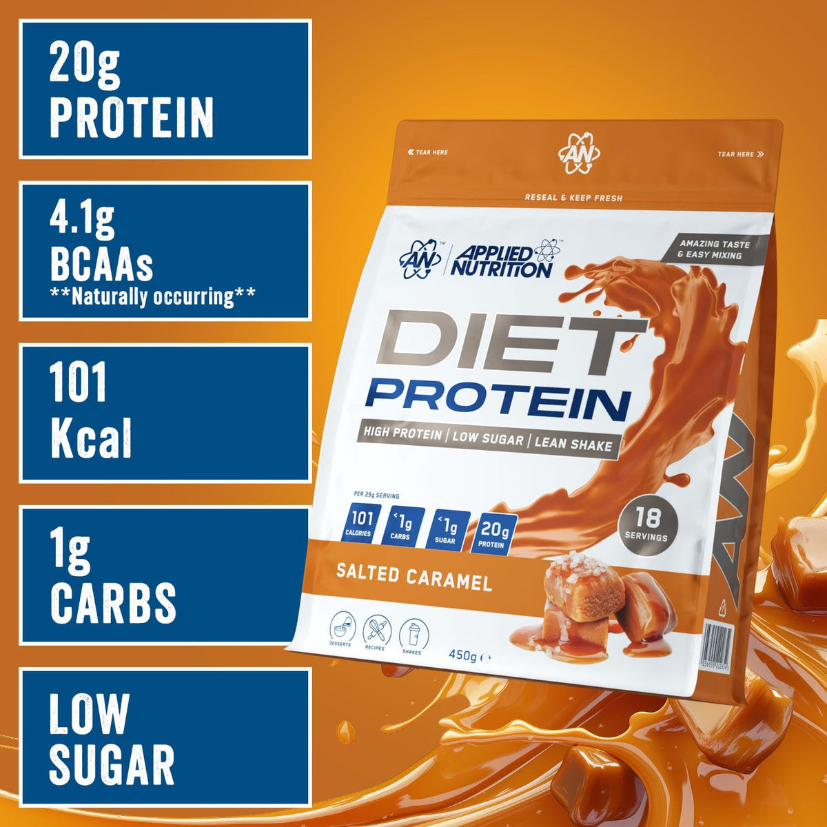 Applied Nutrition Diet Whey Protein Powder - Salted Caramel, 450g - Low Carb, Low Sugar, Weight Management Supplement - New - BBE 03/2028