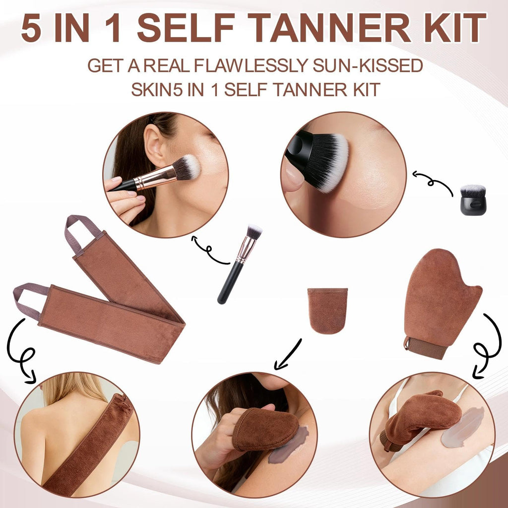 Luckymod 5-in-1 Reusable Self Tanning Mitt & Brush Set - Fake Tan Applicator Kit Face Body Blending Tool - New