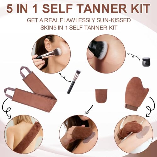 Luckymod 5-in-1 Reusable Self Tanning Mitt & Brush Set - Fake Tan Applicator Kit Face Body Blending Tool - New