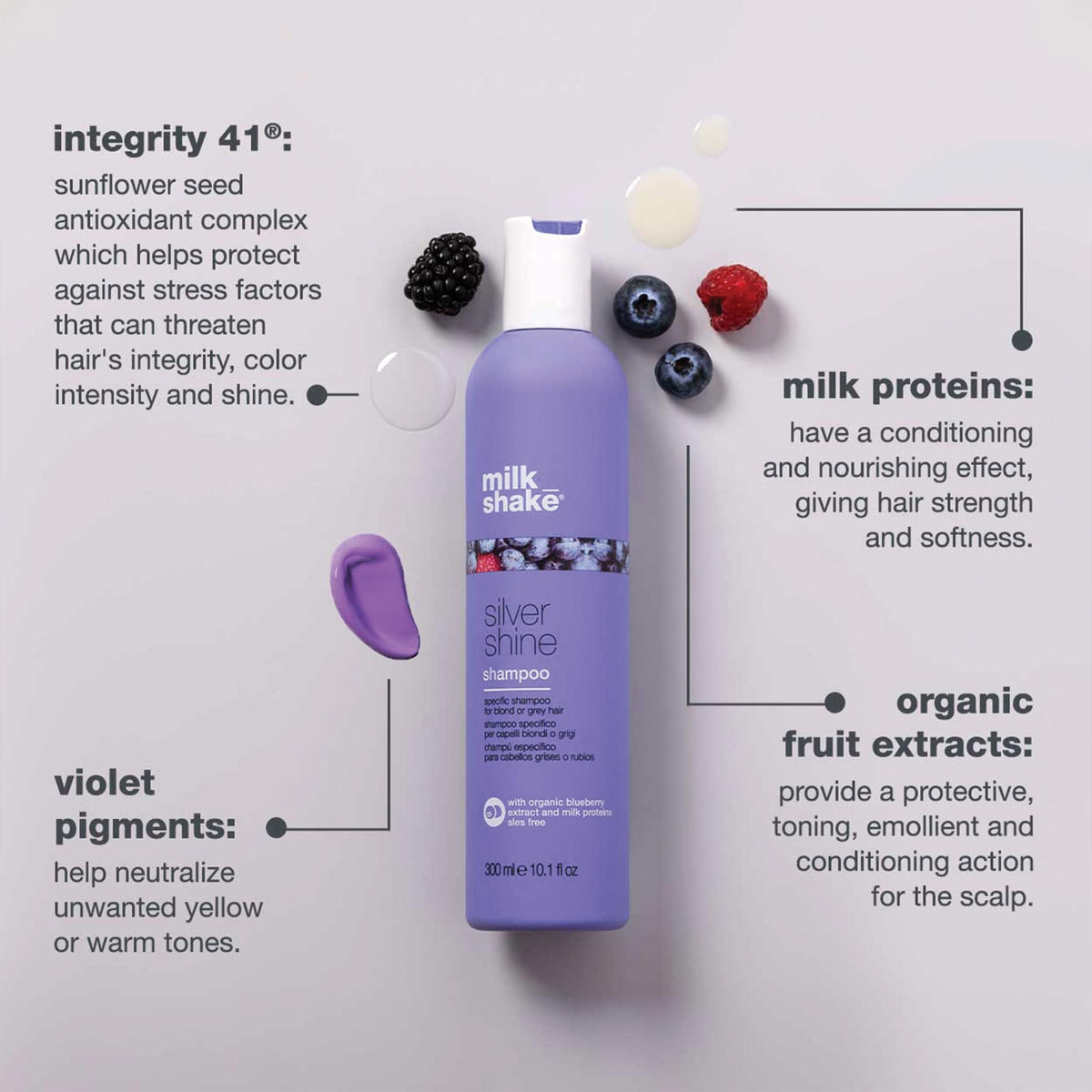 milk_shake Silver Shine Shampoo 300ml - Anti-Yellow Purple Pigment for Blonde, White & Grey Hair - New