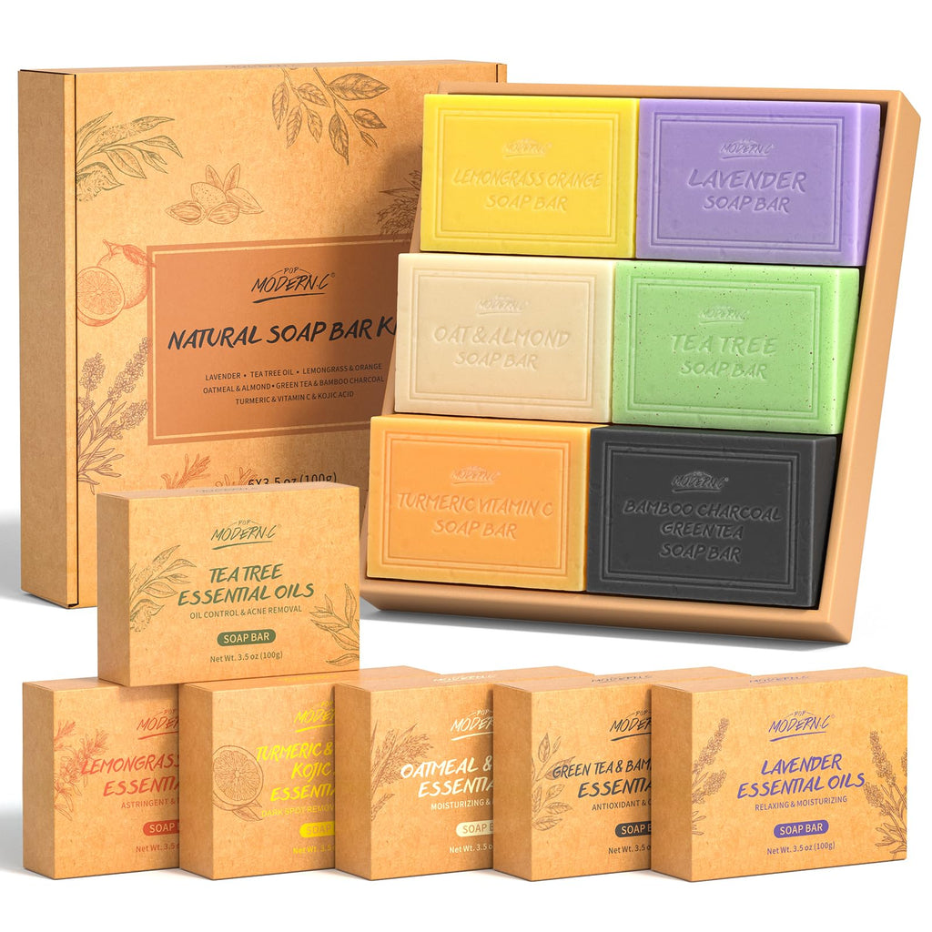 Natural Soap Bar Gift Set for Women - Tea Tree, Lavender, Oatmeal, Bamboo Charcoal, Turmeric - Hand & Body Wash Collection - Damaged Box