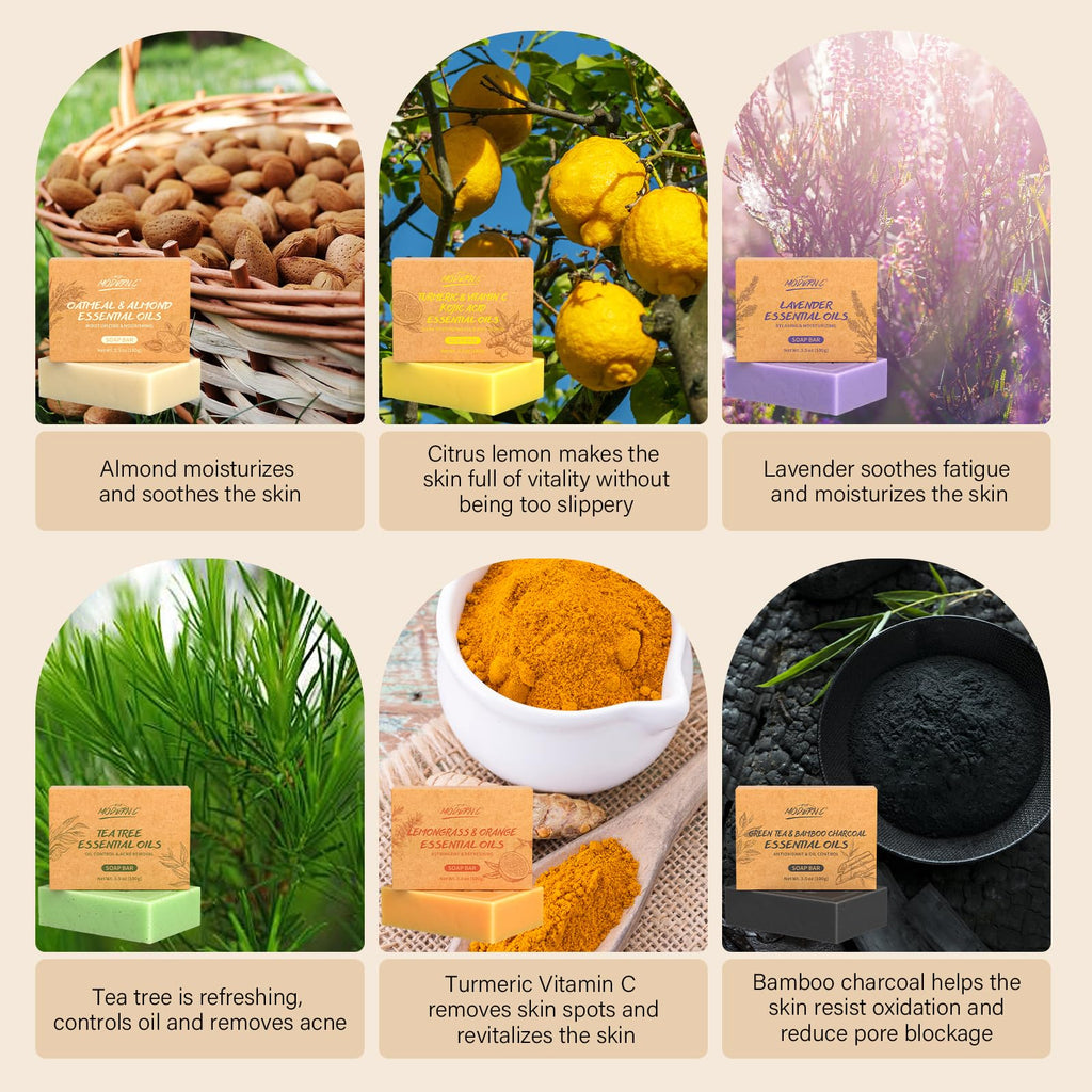 Natural Soap Bar Gift Set for Women - Tea Tree, Lavender, Oatmeal, Bamboo Charcoal, Turmeric - Hand & Body Wash Collection - Damaged Box
